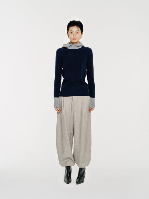 Linden Two-Tone Mock Neck Hooded Sweater Navy