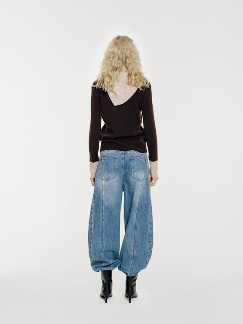 Linden Two-Tone Mock Neck Hooded Sweater Brown