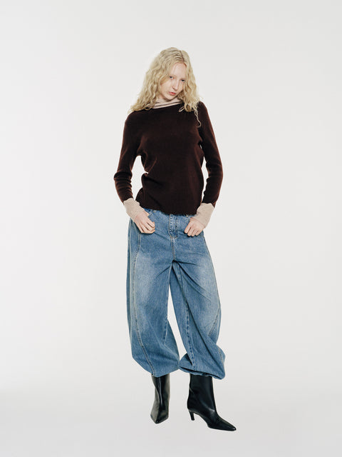 Linden Two-Tone Mock Neck Hooded Sweater Brown