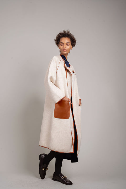 JL066B Vegan Leather-trimmed Coat in Cashmere