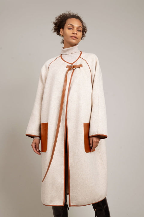 JL066B Vegan Leather-trimmed Coat in Cashmere