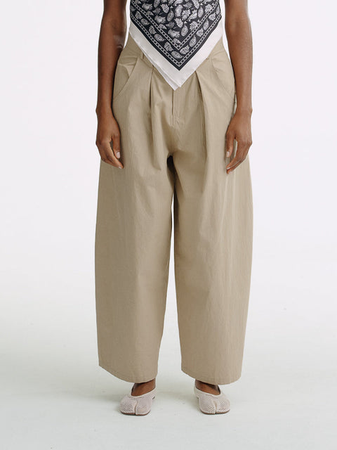 LT25053B Cotton Pleated Wide Leg Trousers Khaki