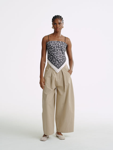LT25053B Cotton Pleated Wide Leg Trousers Khaki