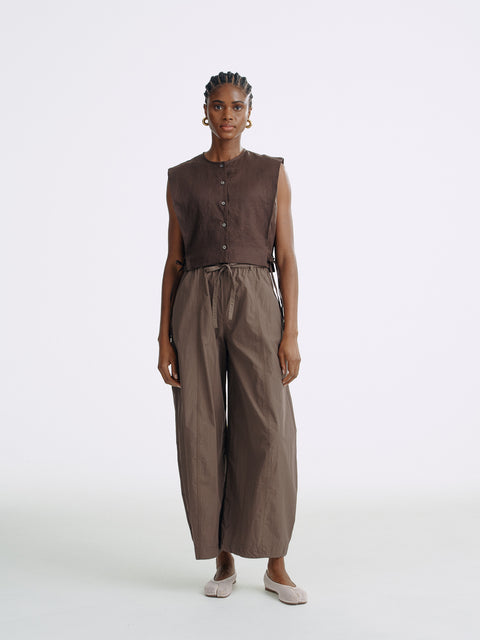 LT26042B Side Tie Linen Top Brown