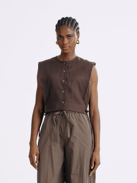 LT26042B Side Tie Linen Top Brown