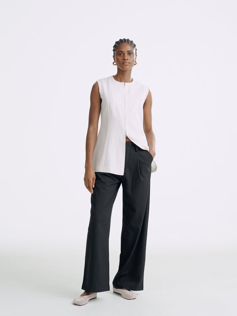 LT26041B Longline Linen Zip Vest Sand