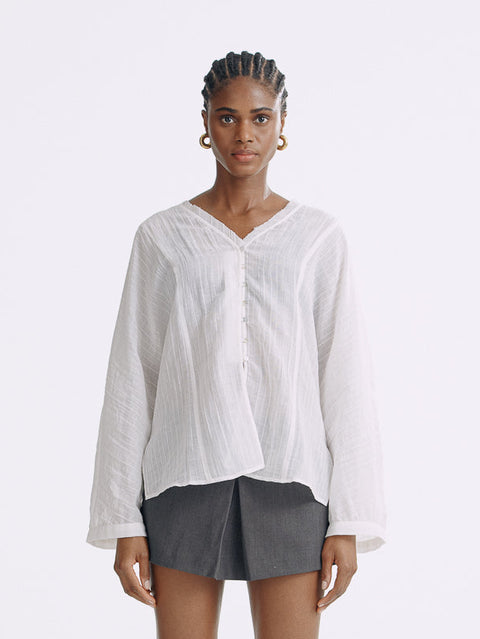 LT26081 Ethereal Cotton Ramie V-Neck Blouse