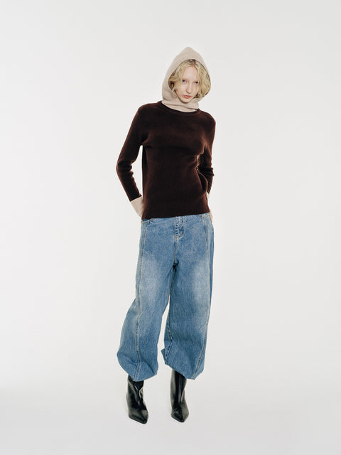 Linden Two-Tone Mock Neck Hooded Sweater Brown