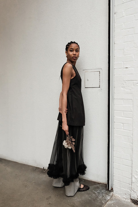 CZ25044 Black Sheer Tulle Midi Skirt