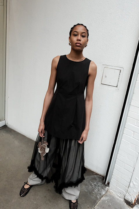 CZ25044 Black Sheer Tulle Midi Skirt
