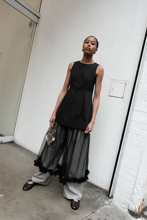 CZ25044 Black Sheer Tulle Midi Skirt
