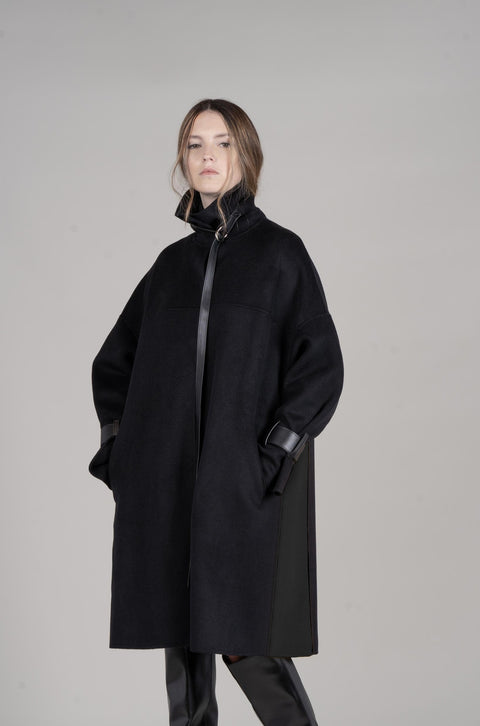 JL069B Oversized Leather-trimmed Wool Coat